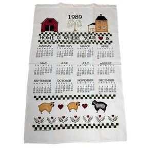 Vintage 1989 Country Farm Folk Art 12 month Calendar Tea Kitchen Towel Made USA